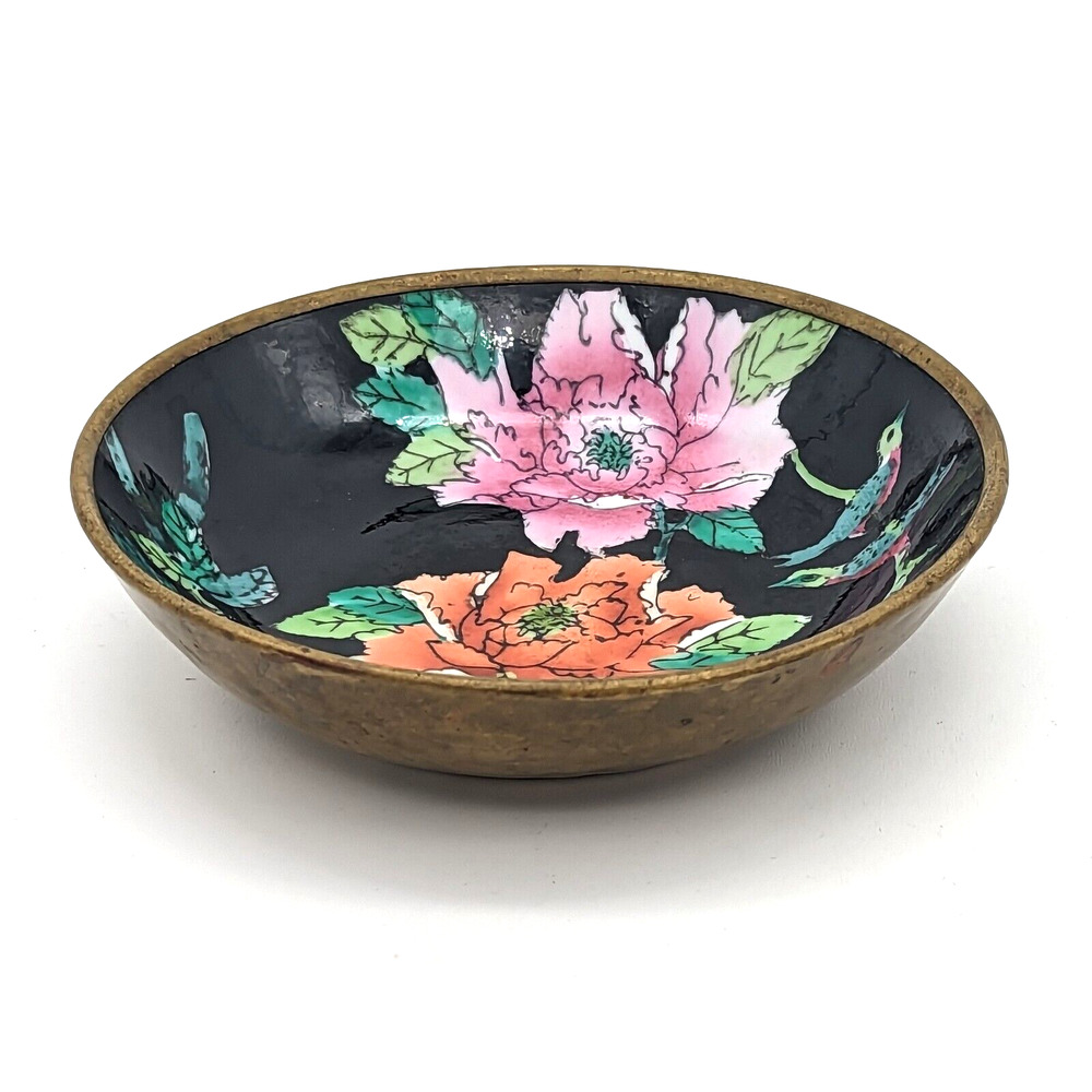 Porcelain Brass Cased Bowl Hand Painted Chinese Floral w Birds Black 1930-1940 - Picture 2 of 8